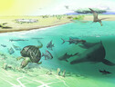 Rappresentazione artistica dell'ittiosauto gigante e del suo habitat (fonte: Heinz Furrer) (ANSA)