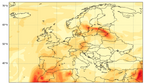 Mappa del trasporto atmosferico della sabbia dal Sahara sull'Europa, ottenuta dai satelliti del sistema europeo Copernicus (fonte: Copernicus Atmosphere Monitoring Service/ECMWF) (ANSA)