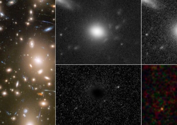 A sinistra l'immagine dell'ammasso di galassie Abell 370, dove compaiono immagini multiple della supernova. A destra, le immagini della supernova in momenti diversi (Fonte: NASA, ESA, STScI, Wenlei Chen (UMN), Patrick Kelly (UMN), Hubble Frontier Fields) © Ansa