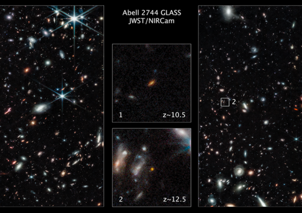 Due delle più antiche galassie, viste dal telescopio Webb. Sono entrambe ai margini dell'ammasso  Abell 2744 (fonte: NASA, ESA, CSA, Tommaso Treu (UCLA); Image Processing: Zolt G. Levay/STScI) © Ansa