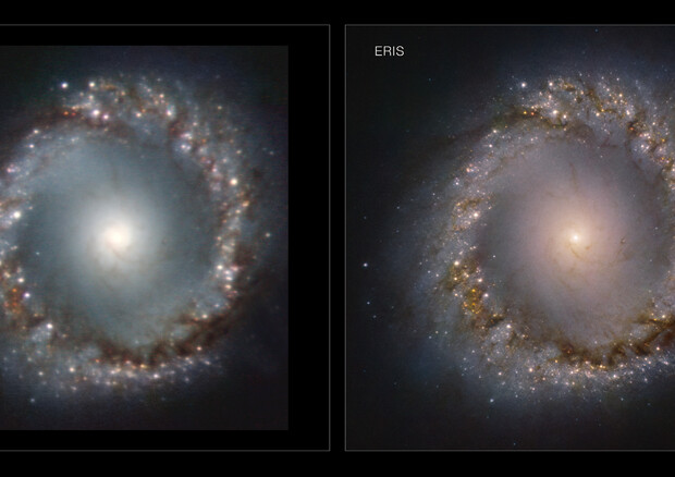 A confronto l'immagine ottenuta da Eris (sulla destra) con quella ottenuta con gli strumenti precedenti (a sinistra) (Fonte: Martin Kornmesser/ESO) © Ansa