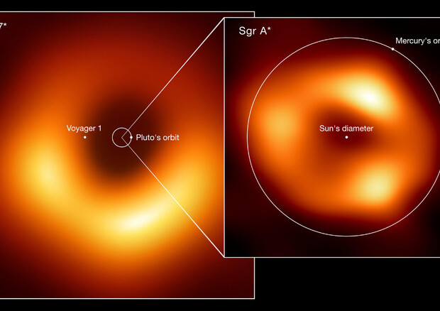 Il buco nero della Via Lattea (a destra) a confronto con quello della galassia M87 (fonte: Collaborazione EHT) © ANSA
