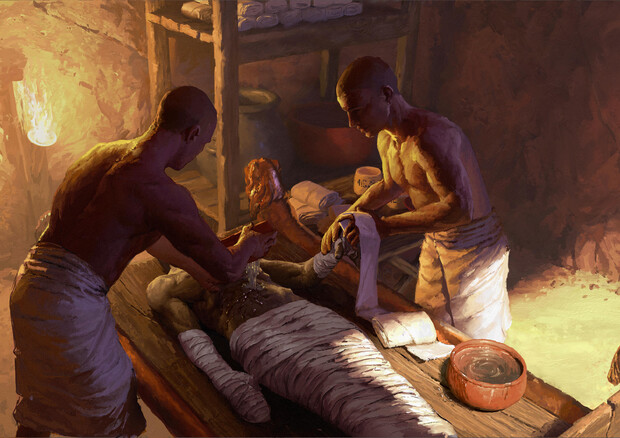 Rappresentazione artistica di imbalsamatori dell'antico Egitto al lavoro (fonte: Nikola Nevenov) © Ansa