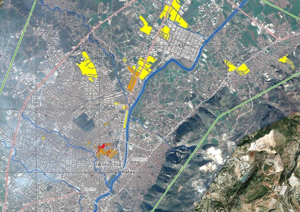 L'immagine satellitare di Antiochia prodotta dal Copernicus Rapid Mapping che evidenziano le aree danneggiate dal sisma. Fonte e-Geos © Ansa