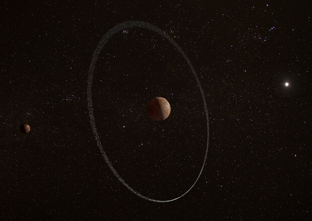 Il sistema ad anelli intorno al pianeta nano Quaoar si trova molto lontani dal planetoide, ad una distanza finora ritenuta impossibile (fonte: ESA) © Ansa