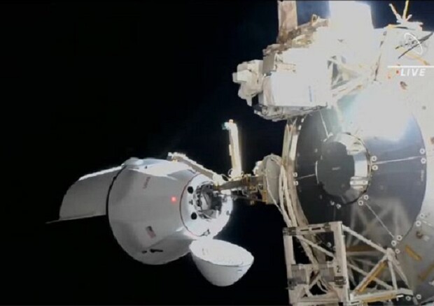 La navetta Dragon ahhanciata al modulo Harmony della Stazione Spaziale (fonte: NASA TV) © Ansa