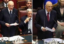 Nella combo Giorgio Napolitano, durante il suo discorso alla Camera il 15 maggio 2006, a sinistra, ed il 22 aprile 2013 (ANSA)