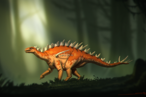 Rappresentazione artistica dello stegosauro Bashanosaurus primitivus, il più antico finora scoperto (fonte: Banana Art Studio) (ANSA)