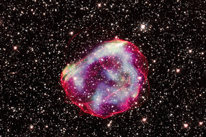 I resti dell'esplosione della supernova NR 0519-69.0 (SNR 0519) da una nana bianca (fonte: immagine ai raggi X, NASA/CXC/GSFC/B. J. Williams et al.; immagine ottica, NASA/ESA/STScI) (ANSA)