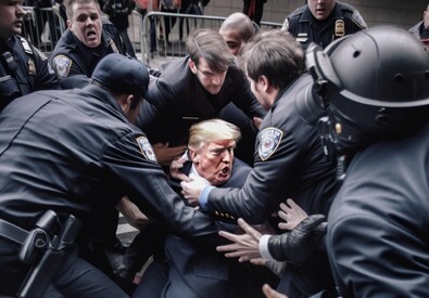 Le foto (fake) che ritraggono Donald Trump mentre scappa dagli agenti, in manette -per gentile concessione di Eliot Higgins (ANSA)