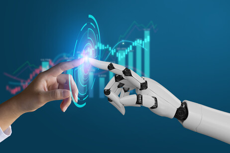 AI, Machine learning, robot hand ai artificial intelligence assistance human touching on big data network connection background, Science artificial intelligence technology, innovation and futuristic.