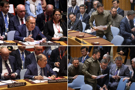 Una combo con foto di Sergey Lavrov e Volodymyr Zelensky al Consiglio di sicurezza dell'Onu