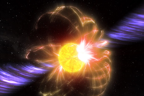 Rappresentazione artistica della magnetar i cui impulsi radio si muovono a spirale attraverso lo spazio (fonte: CSIRO)