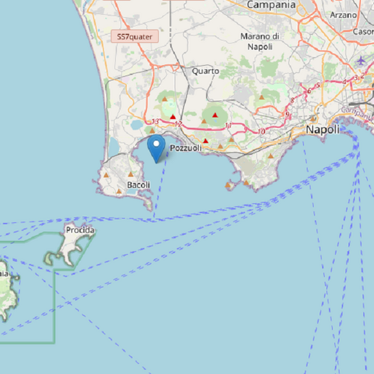 Localizzazione del terremoto di magnitudo 3,9 avvenuto ai Campi Flegrei il 27 aprile 2024 (fonte: INGV)