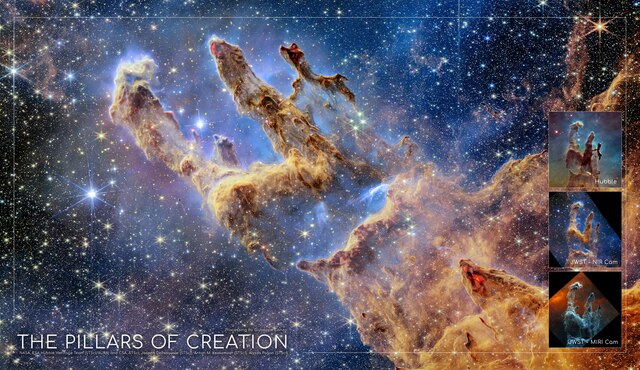 I Pilastri della creazione, elaborazione di Giuseppe Conzo dei dati dei telescopi Hubble e James Webb (fonte: G. Conzo, NASA, ESA Hubble Heritage Team (STScI/AURA) e CSA, STScI; J. DePasquale,  A. M. Koekemoer e A. Pagan, di STScI)