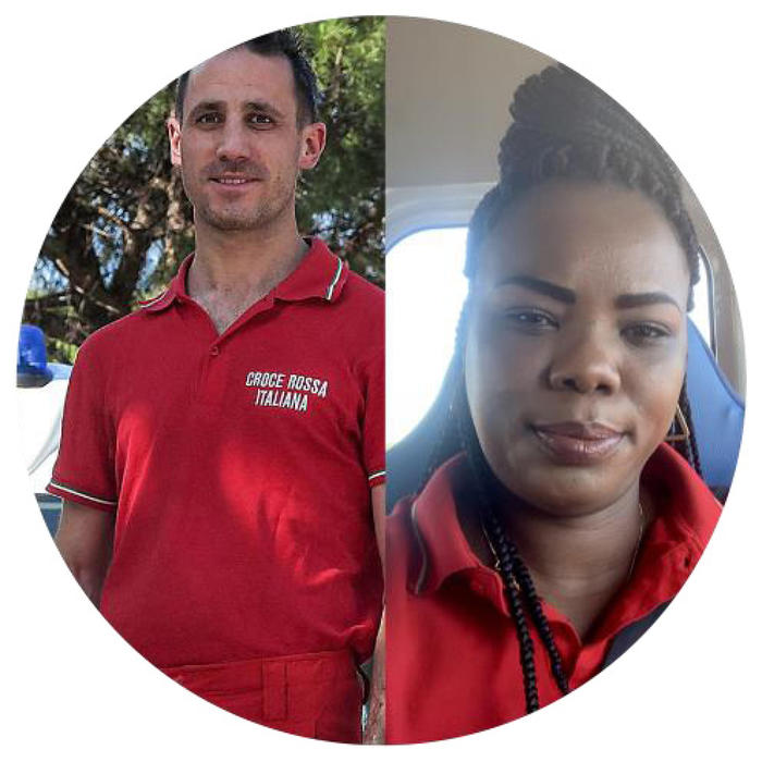 Marco Buono e Yvette Batantu Yanzege della Croce Rossa Riccione, hanno risposto all'appello della  Lombardia che chiedeva aiuto a medici e personale con ambulanze (foto: ANSA)