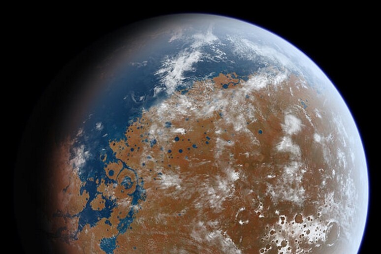 Rappresentazione artistica di Marte quando aveva acqua mari e fiumi (fonte: Ittiz/Wikipedia) - RIPRODUZIONE RISERVATA