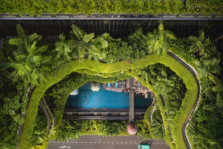Parkroyal on Pickering, noto per il suo concetto di “hotel in giardino” e per il suo spettacolare giardino verticale a cascata di quattro piani. Singapore - RIPRODUZIONE RISERVATA