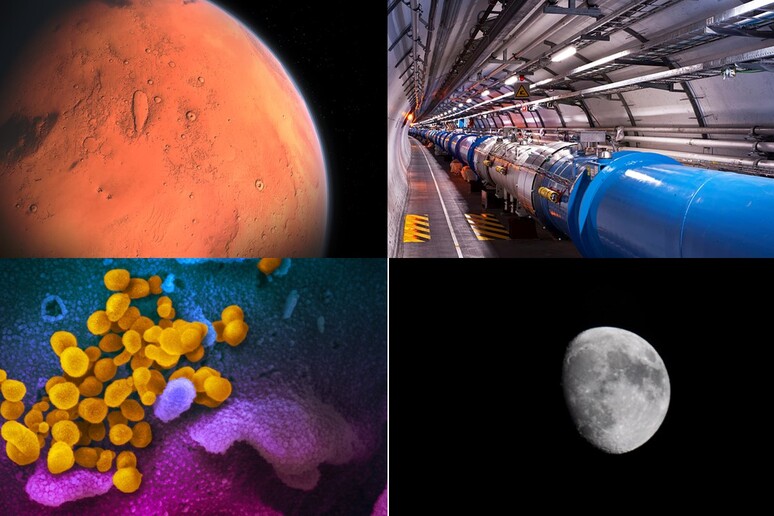 Da sinistra in alto: Marte (Pixabay), l 'acceleratore Lhc (Maximilien Brice (CERN) da Wikipedia). Da sinistra in basso: Particelle di virus SarsCoV2 (Niaid), Luna (cc0.photo) - RIPRODUZIONE RISERVATA