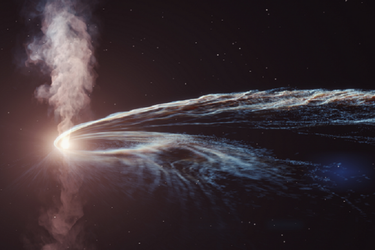 Rappresentazione artistica dell 'emissione di materia da parte di un buco nero, 2 anni dopo avere divorato una stella (fonte: DESY, Science Communication Lab) - RIPRODUZIONE RISERVATA