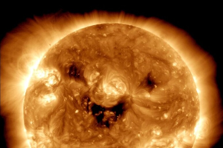 Danno l 'impressione di un sorriso i buchi coronali fotografati dal Solar Dynamics Observatory (Sdo) della Nasa (fonte: NASA) - RIPRODUZIONE RISERVATA