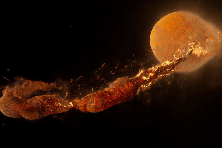 Rappresentazione artistica dell 'impatto fra il pianeta Theia e la Terra, che ha dato origine alla Luna (fonte: NASA 's Ames Research Center) - RIPRODUZIONE RISERVATA