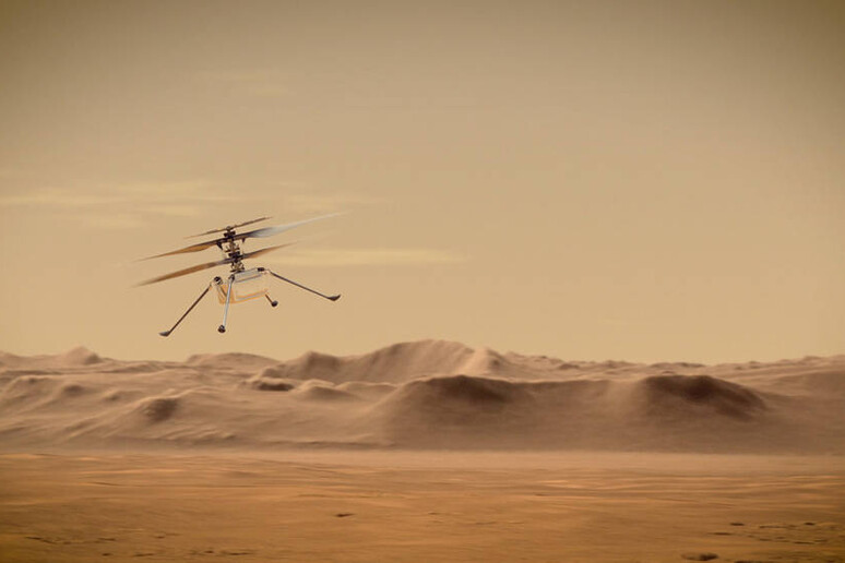 Rappresentazione artistica del drone elicottero Ingenuity della Nasa in volo su Marte (fonte: NASA/JPL-Caltech) - RIPRODUZIONE RISERVATA