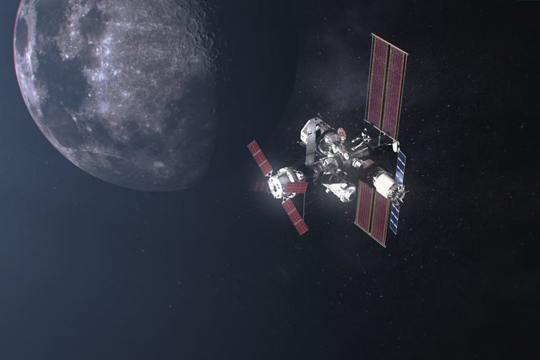 Illustrazione della futura stazione spaziale Gateway in orbita intorno alla Luna (Fonte: NASA) - RIPRODUZIONE RISERVATA