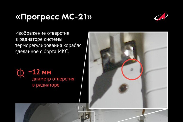 L’agenzia spaziale russa Roscosmos ha pubblicato su Telegram la foto della falla che si era aperta nel cargo Progress MS-21 il 14 febbraio scorso, mentre era agganciato alla Iss (fonte: Roscosmos) - RIPRODUZIONE RISERVATA