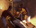 Rappresentazione artistica di imbalsamatori dell'antico Egitto al lavoro (fonte: Nikola Nevenov) (ANSA)