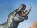 Un T-rex con le labbra divora un giovane edmontosauro (fonte: Mark P. Witton) (ANSA)