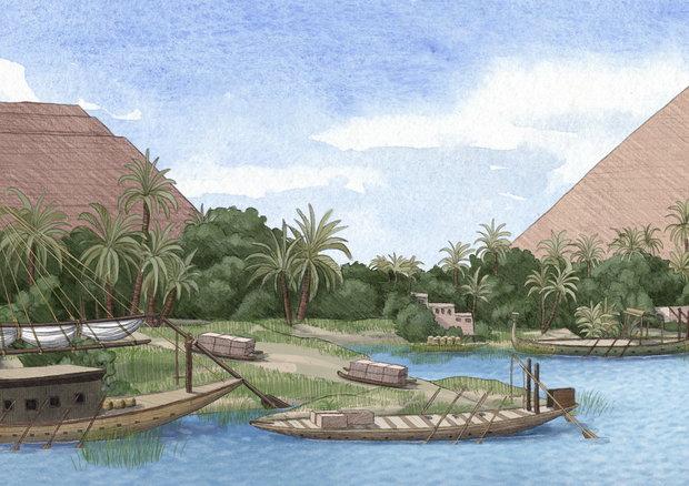 Rappresentazione artistica del ramo scomparso del fiume Nilo che ha permesso la costruzione delle Piramidi di Giza (Fonte: Alex Boersma/PNAS) © Ansa