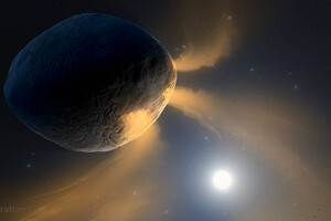 Rappresentazione artistica dell'asteroide Phaethon (Fetonte). Per effetto del calore solare, il sodio all'interno della roccia vaporizza e viene scagliato nello spazio. L'effetto è una coda simile a quella di una cometa (fonte: NASA/JPL-Caltech/IPAC) (ANSA)