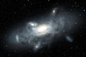 Rappresentazione artistica della Via Lattea quando era ancora una galassia molto giovane, composta da 5 piccole galassie, diverse fra loro in forma e dimensioni (fonte: James Josephides, Swinburne University,CC BY 4.0) (ANSA)