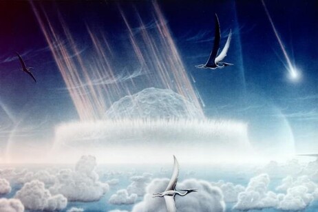 Rappresentazione artistica dell'impatto dell'asteroide che oltre 66 milioni di anni fa ha generato il cratere di Chicxulub, provocando l'estinzione dei dinosauri (fonte: NASA)