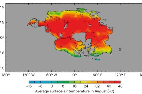 Rappresentazione grafica della temperatura sul supercontinente Pangea Ultima (fonte: Nature)