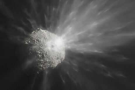 Rappresentazione artistica dell'asteroide Dimorphos in seguito all'impatto con la sonda Dart (fonte: ESO/M. Kornmesser)