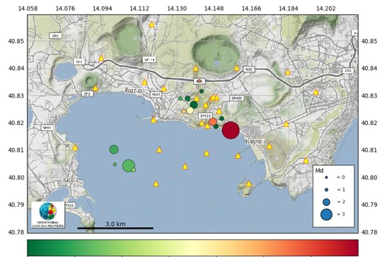Mappa dello sciame sismico ai Campi Flegrei del 26-27 settembre 2023 (fonte: INGV)