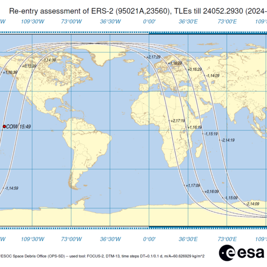 Il punto rosso indica la zona sopra la quale è previsto l'impatto del satellite Ers, secondo le previsioni dell'Esa aggiornate alle 10,00 del 21 febbraio 2024 (fonte: ESA)