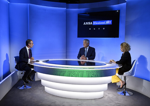 Il direttore dell'Ansa, Luigi Contu (S), con Jasmin Inangiray (D) e Antonio Tajani, vice presidente di Forza Italia, durante il forum Ansa © ANSA