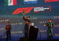 Il podio del Gp del Bahrain: Max Verstappen, Sergio Perez e Fernando Alonso © ANSA