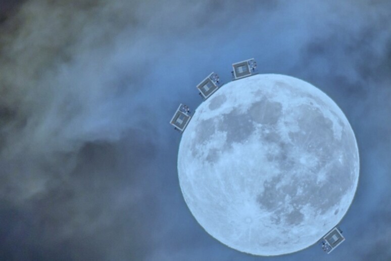 Immagine della Luna con la raffigurazione dei sismometri dell’antenna gravitazionale, Lgwa. (fonte: Joris van Heijningen, UCLouvain) - RIPRODUZIONE RISERVATA