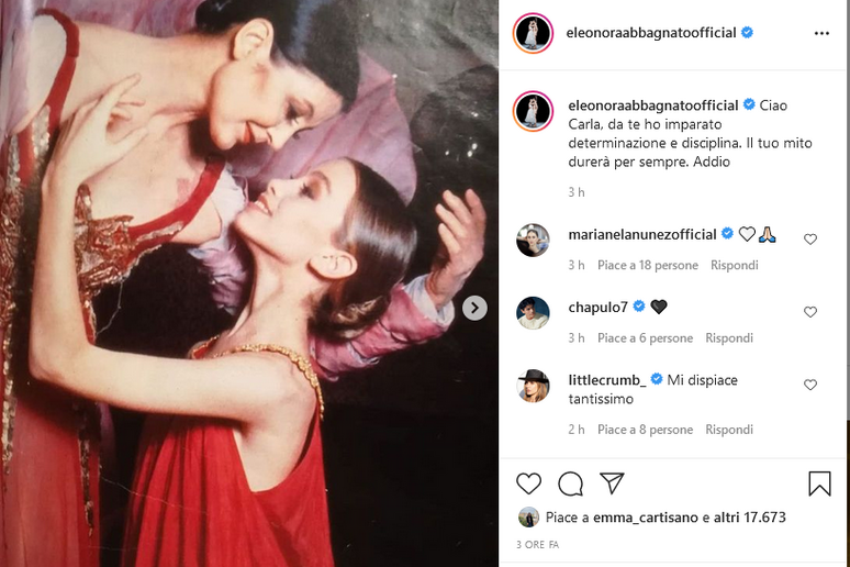 Il post su Instagram di Eleonora Abbagnato - RIPRODUZIONE RISERVATA