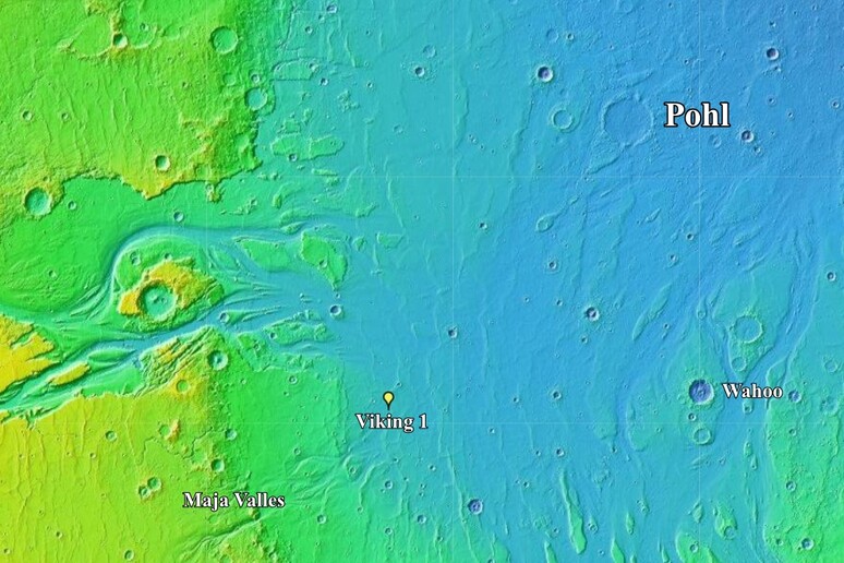 Mappa della Chryse Planitia. Sono indicate le posizioni di Maja Valles, del lander del Viking 1 e del cratere Pohl (fonte: NASA/JPL/GSFC) - RIPRODUZIONE RISERVATA