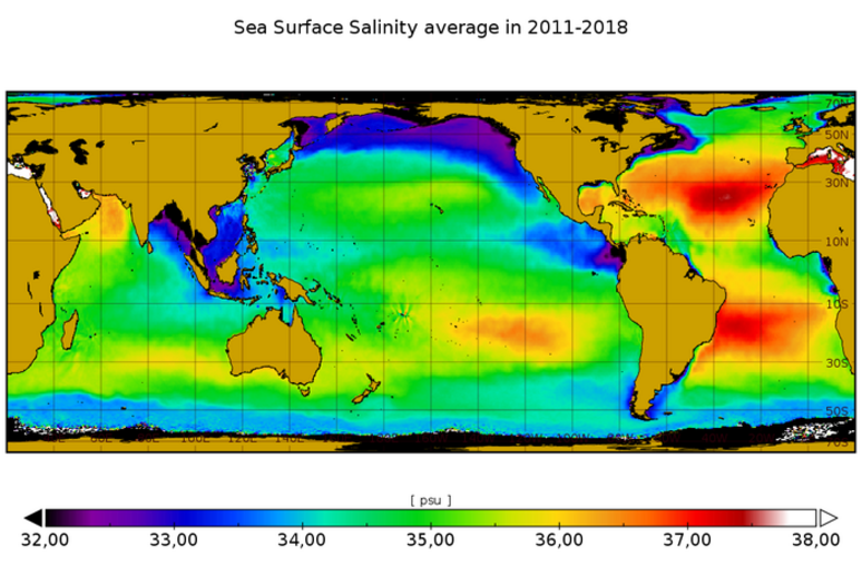 Il grafico mostra la salinità media della superficie di mari e oceani nel periodo 2011-2018 (Fonte: ICM-CSIC) - RIPRODUZIONE RISERVATA