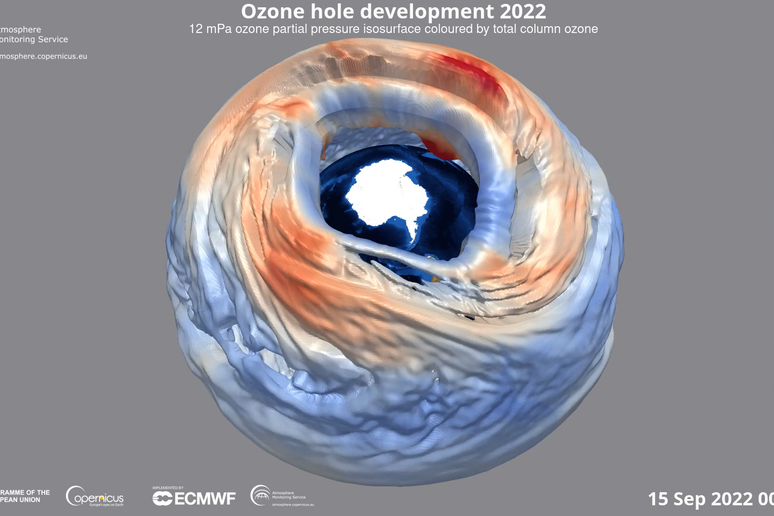 Il buco dell 'ozono sull 'Antartide al 15 settembre 2022, nel modello elaborato dal programma Copernicus (fonte: Copernicus, Atmosphere Monitoring Service) - RIPRODUZIONE RISERVATA