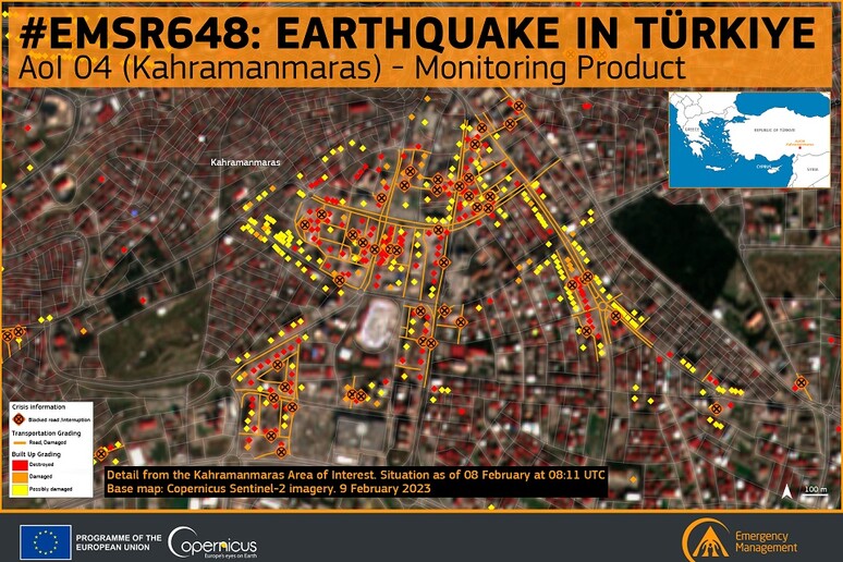 I danni rilevati nell’area di Kahramanmaras in Turchia (fonte: Ue, Copernicus Sentinel-2) - RIPRODUZIONE RISERVATA