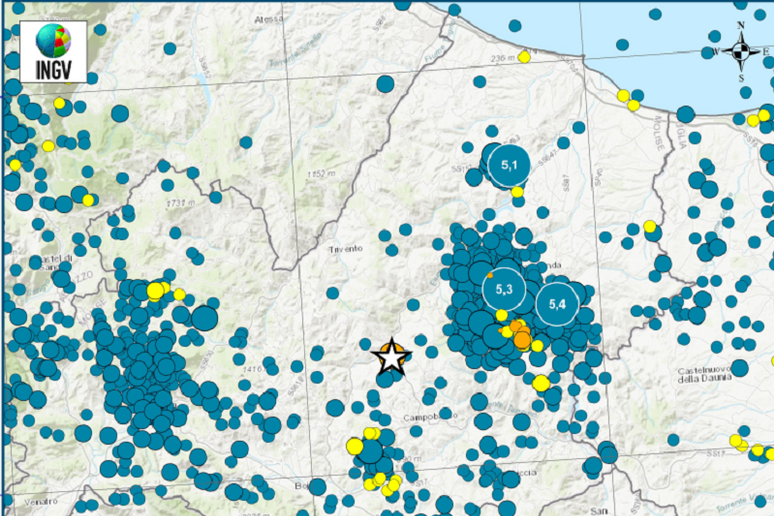 Mappa dei terremoti nella zona del Molise colpita dal sisma del 28 marzo 2023. In arancione i più recenti (fonte: INGV) - RIPRODUZIONE RISERVATA